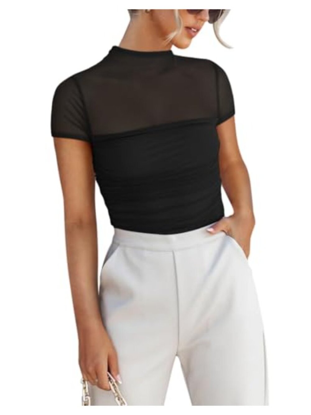 Mock Turtle Neck Short Sleeve Sheer Mesh Ruched Bodysuit